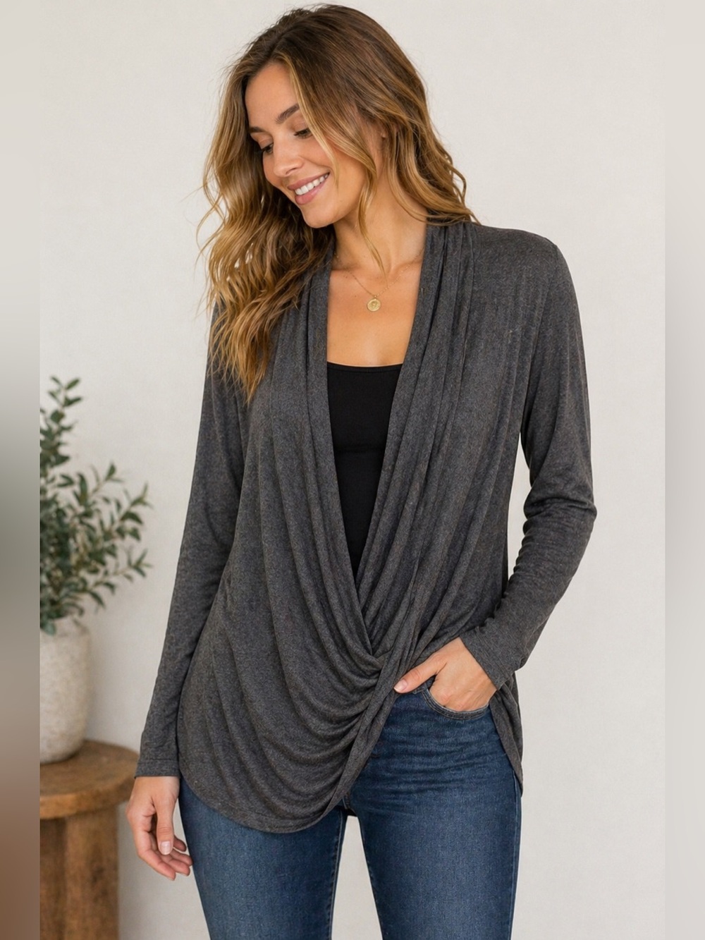 POPANA Gray Criss Cross Draped Cardigan Top Women’s XL